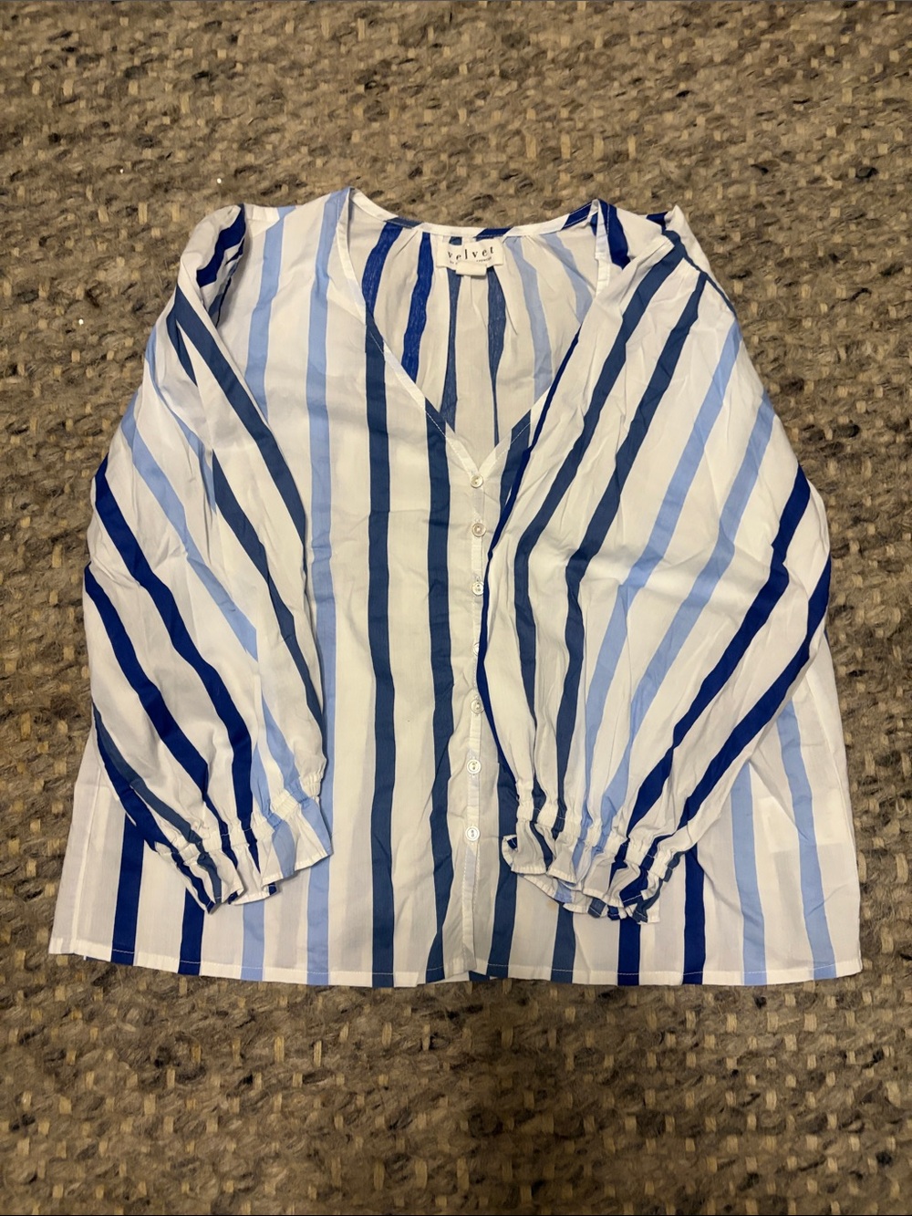 Brand Velvet Striped V-Neck Button Front Blouse in Navy & Light Blue